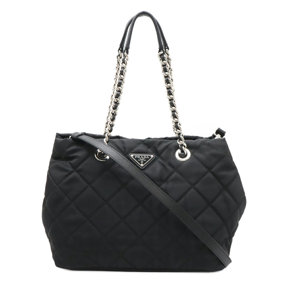 Prada Tessuto Triangle Quilted Shoulder Bag Chain Leather NERO Black